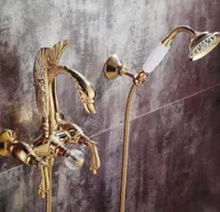 Golden wall mounted swan handles swan Bath Tub shower Filler Faucet with Handshower 2 Holes New