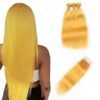 Neu Kommen Menschenhaarverlängerungen Gelbe Haarwebart mit Spitze Schließung Seide Gerade Haar Bundles Mit Spitze Schließung 4 Teile / los