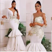 Afrikaanse Nigeriaanse zeemeermin Trouwjurken 2020 Sheer Hals Applique Lange Mouwen Plus Size Sexy Bridal Party Jurken Abendkleider