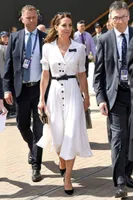 Kate Middleton Princess White Midi Dress Short Sleeve Klänningar med Bälte