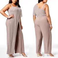 Arabisch eine Schulter Pailletten drapierte Jumpsuits Abendkleider 2020 Chiffon lange Hosen Plus Size-formale Partei Mutter der Braut-Kleid BC0270