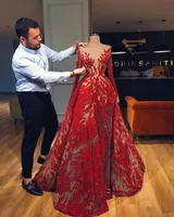 Vintage Red Sparkly See Through Mermaid Prom Dress Luxe Lange Mouwen Avondjurk Lange Saoedi-Arabië Dubai Formele Party Jurken