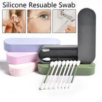 2pcs / set wiederverwendbare Baumwolltupfer Ear Reinigung kosmetische Silikon Knospen Tupfer Sticks mit Box für die Reinigung Make-up Make-up Pinsel