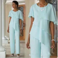 Varm Försäljning Mor av brudklänningar Byxor Passar Chiffon Kortärmad Tiered Custom Made Plus Size Mor of Bride Long Robe Ladies