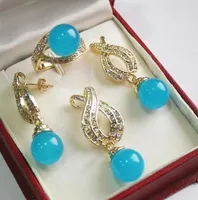 ¡Caliente! Hermosa Nueva joyería fina + 12mm bleu jades colgante pendiente anillo conjunto