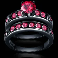 Vermelho brilhante vermelho anel garnet mulheres linda jóia do casamento preto ouro casal completo anel set Bijoux feminino homem