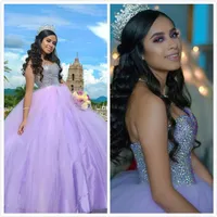 Lilac Crystals Beaded Cheap Quinceanera Prom Dresses Sweetheart Sexy Ball Gown Tulle Evening Party Sweet 16 Dress ZJ106