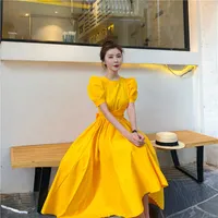 2019 패션 여성 퍼프 슬리브 캐주얼 드레스 활 하이 허리 미디 드레스 단단한 불규칙 하단 우아한