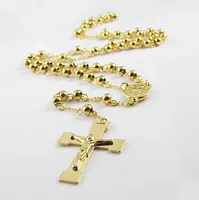 Charming Easter gifts jewelry Solid Stainless steel 8mm ball Gold Long chain Rosary Necklace Chain Cross Jesus Pendant necklace heavy huge