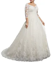 Impressionante decote em v inverno 3/4 de manga longa vestidos de casamento de laço apliques plus size bola personalizada vestido de novia vestido de noiva formal árabe