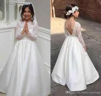 2019 White Princess economici Lovely Cute maniche lunghe pizzo Backless Flower Girl Dresses Daughter Toddler Pretty Kids prima abito da comunione