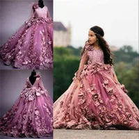 2019 Pink Ball Gown Flower Girl Dresses Manica lunga HNad Made Flowers Appliqued Lace Tulle Principessa Compleanno Party Girl Girl Dress Abito di formica