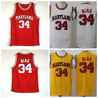 Spor Hayranları Yüksek Kalite İçin NCAA Kolej 1985 Maryland Terps 34 Len Bias Jersey Men Üniversitesi Kırmızı Sarı Beyaz Basketbol Üniforma