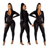 Women Jumpsuit Mesh See Through Deep V Neck Rompers Sexy Lady Leopard Print Front Zipper Jumpsuit Long Sleeve Bodycon Clubwear