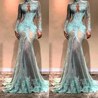Hoge nek Luxe Full Lace Pearls Mermaid Avondjurken Dubai See Through Illusion High Split Formal Prom Cutaway Side Celebrity Towns