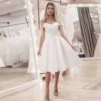 2020 Nowa Mała Biała Dress Off The Ramię Suknie Ślubne Tanie Krótka Suknia Ślubna Kolana Długość Satynowe Suknie Ślubne Robe de Mariage