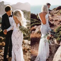 Plaj Tam Dantel Deniz Kızı Gelinlik Uzun Kollu Derin V Yaka Aplikler Sweep Tren ucuz Bohemian Düğün Gelinlik elbise de mariée