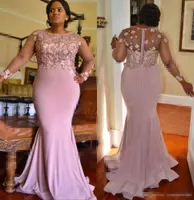 2019 Blush Pink Long Sleeves Prom Dresses Illusion Mermaid Handmade Flowers Beaded Sweep Train Formal Evening Party Gowns Free Shiping