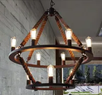 Vintage konopie liny wisiorek światła żelaza retro żyrandol oświetlenie oprawy podwójne warstwy żelaza lampa do roślinnego zatoki kawy pokój dzienny