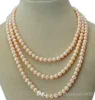 Długie 50-calowy 7-8 mm Naturalny Pink Akoya Pearl Necklace 925 Srebrny Zapięcie