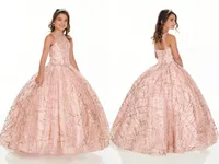 2022 Sparkly Rose Gold Sequin Flor meninas vestidos para casamento festa de aniversário fechadura de cristal frisado toddler primeiro comunhão vestido