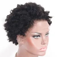 Afro kinky krullende kant voorkant menselijk haarpruiken 130% dichtheid 8 inch korte Peruaanse haarpruik voor vrouwen