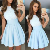 2019 Modest Light Sky Blue Lace Homecoming Short Prom dresses Bateau Neck Satin Ruched Mini Party Cocktail Dress For Girls BC1646
