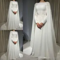 2020 Árabe boda una línea de raso dresseswith abrigo largo vestido de novia de encaje apliques de Cabo de manga larga de barrer de tren vestidos de boda musulmana Vestid