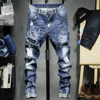 Мужские джинсы растягивают тощий ретро плиссированные точка пэчворк повседневное отверстие отбеленные промытые прямые винтажные джинсовые брюки мужские CX200701