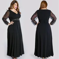 Plus size prom jurken zwart v-hals lange mouwen jurk avondkleding vloer lengte chiffon feestjurken met kralen sjerpen SD3357