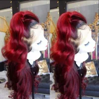 Бесплатная часть 360 Фронтальная длинная волна тела черный омбре Бургундские красные бразильские парики Синтетический кружевный парик для женщин для женщин