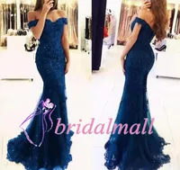 ROBES DE SOIRÉE 2019 Navy Blue Appliqued Lace Mermaid Evening Klänningar Off-Shoulder Beaded Formell Party Gowns Cheap Long Burgundy Prom Dress
