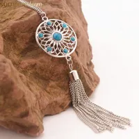 Fashion Boho Dream Catcher Necklaces Hollow Net Tassel Long Pendant Dangle Sweater Turquoise Bead Necklace For Women Jewelry
