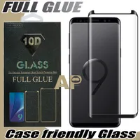 Full självhäftande limskärmskydd Fodralvänligt tempererat glas 3D krökt för Samsung Galaxy S21 S20 Ultra S10 S9 Obs 10 9 S8 Plus OnePlus