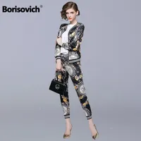 Borisovich 2 Piece Set Women Casual Suits New  2018 Autumn Fashion Vintage Print Female Jackets And Ankle-length Pants N133