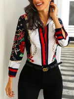 2019 Women Fashion Elegant Office Look Work Wear Party Shirt Female Tops Weekend Floral & Chains Print Casual Blouse