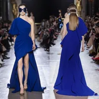 Elie Saab Runway High Low Prom Dresses 2019 Royal Blue One Capped Half Sleeves Cocktail Party Formella klänningar