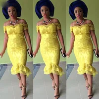 African Lace Short Dresses Tea Length Off Shoulder Nigerian Style Evening Dress Plus Size Yellow Vintage Prom Party Gowns Cheap