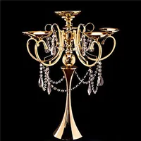 Lange metalen 5 arm kandelabra kroonluchter votive gouden kaarshouder bruiloft tafel middelpunt decoraties benodigdheden
