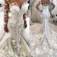 3D Flores Sereia vestidos de casamento do vintage com trem destacável Luxo longas mangas de renda Appliques Plus Size Plus Size Africano Vestido de Noiva