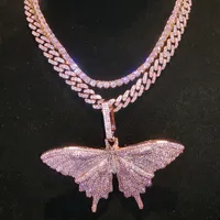 Mens Hip Hop Necklace Rose Gold Plated Sparkling Pink CZ Butterfly Pendant Necklace with Chain for Men Punk Jewelry