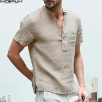 Ancerun Летние мужские рубашки стойки воротник с коротким рукавом дышащая кнопка мужские топы свободные улицы повседневная тонкая рубашка Chemise 2019