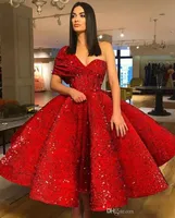Elegant röd te längd kort prom klänningar 2020 en axel baklöst sequined draped kort homecoming cocktail fest kvällsklänning skräddarsy
