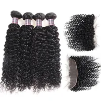 El cabello peruano peruano tejido los paquetes de cabello humano brasileño con cierre Kinky rizado 4pcs con extensiones de cabello virgen frontal de encaje