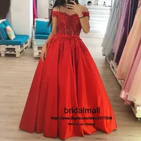 2020 Red Satin Long Prom Dresses Elegant Off The Ramię 3D Kwiaty Aplikowane Zroszony Kobiety Formalna Gala Dress A Line Evening Gowns Party