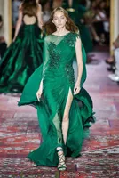 Zuhair Murad Chiffon Long Evening Dresses Dark Green High Side Slit Pageant Party GownsフォーマルプロムドレスBC2738