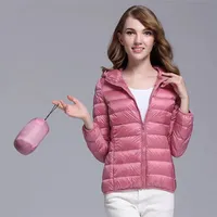 새로운 2019 울트라 라이트 오리 다운 재킷 여자 긴 소매 따뜻한 슬림 후드 레드 코트 여자 플러스 가을 겨울 옷