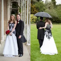 2020 Victorian Gothic Country Wedding Dresses Sweetheart Lace Black and White A Line Sweep Train Bridal Gowns Plus Storlek