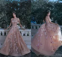 2020 nueva llegada atractiva Blush Pink Said vestidos de baile Mhamad cordón de cuello en V profundo de correas espaguetis apliques partido formal de los vestidos de noche