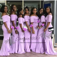 Modest Mint purple split Bridesmaids Dresses long 2019 Nigerian african Floor Length off the shoulder short sleeve maid of honor gowns cheap